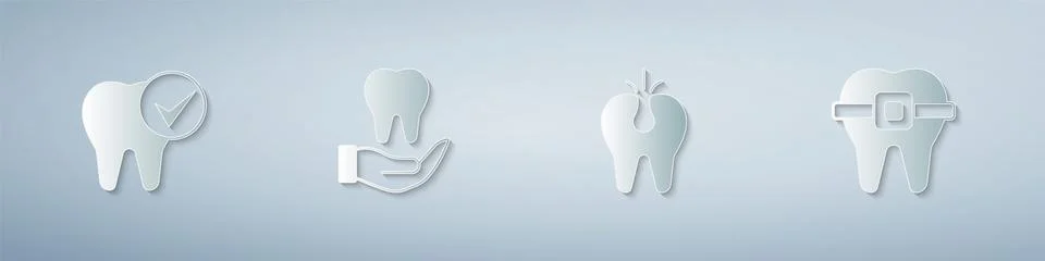 Set Tooth, Broken tooth and Teeth with braces. Paper art style. Vector Stockillustratie