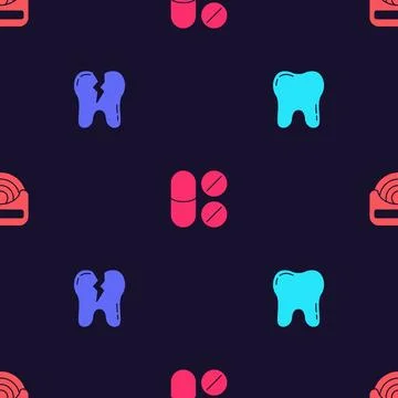 Set Tooth, Broken tooth, Painkiller tablet and Dental floss on seamless patte Stock Illustration
