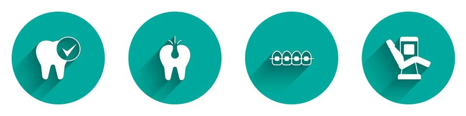Set Tooth, Broken tooth, Teeth with braces and Medical dental chair icon with Stock-Illustration