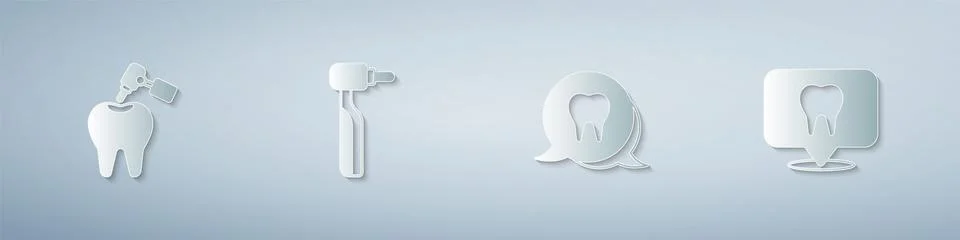 Set Tooth with caries and drill, and Dental clinic location. Paper art style Stock Illustration