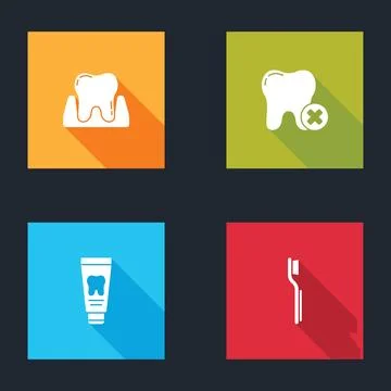 Set Tooth, with caries, Tube of toothpaste and Toothbrush icon. Vector Ilustración de archivo