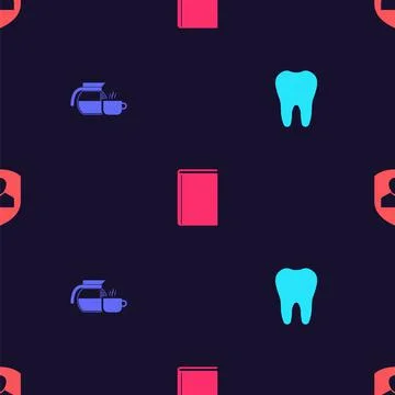 Set Tooth, Coffee pot with cup, Book and User protection on seamless pattern Stock Illustration