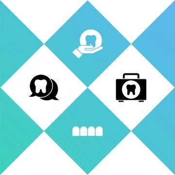 Set Tooth, Dentures model, and First aid kit icon. Vector Stock Illustration