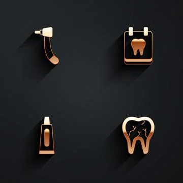 Set Tooth drill, Calendar with tooth, Tube of toothpaste and Broken icon with 스톡 일러스트