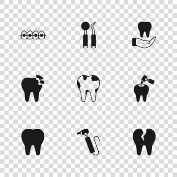Set Tooth drill, with caries and, Broken tooth, Teeth braces, Dental mirror.. Illustrazione stock