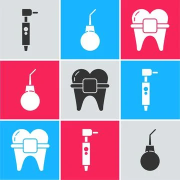 Set Tooth drill, Enema pear and Teeth with braces icon. Vector Illustrazione stock