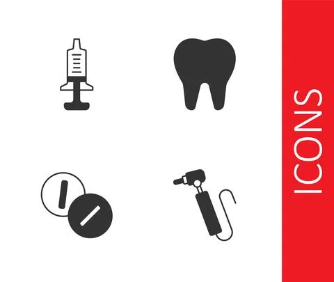 Set Tooth drill, Syringe, Toothache painkiller tablet and icon. Vector Stock Illustration