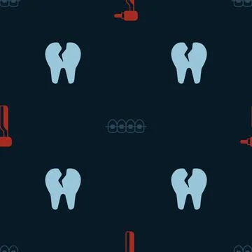 Set Tooth drill, Teeth with braces and Broken tooth on seamless pattern. Vector Stock Illustration