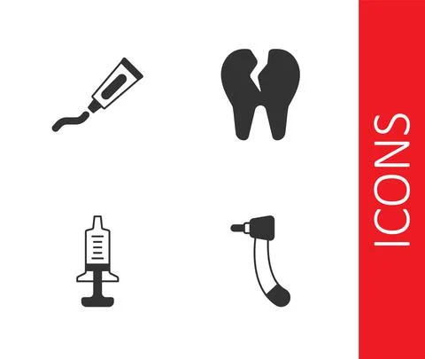 Set Tooth drill, Tube of toothpaste, Syringe and Broken icon. Vector Stock Illustration
