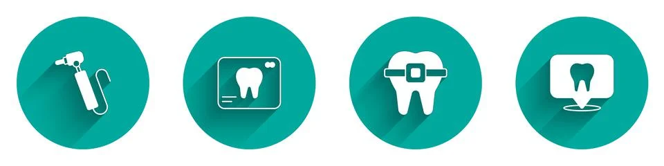 Set Tooth drill, X-ray of tooth, Teeth with braces and Dental clinic location Stock Illustration