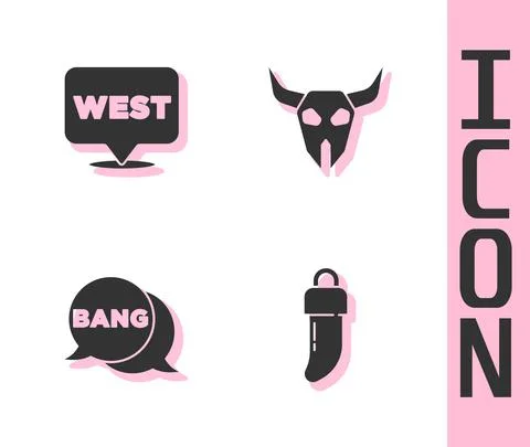 Set Tooth, Pointer to wild west, Bang boom, gun Comic and Buffalo skull icon Illustrazione stock
