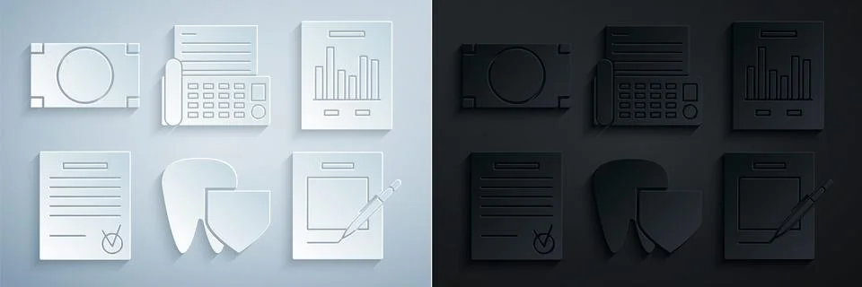 Set Tooth with shield, Document graph chart, Confirmed document and check mark Stock Illustration