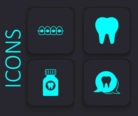 Set Tooth, Teeth with braces, and Toothache painkiller tablet icon. Black square Stock Illustration