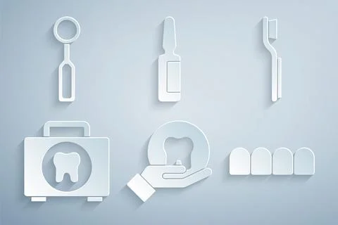 Set Tooth, Toothbrush, First aid kit, Dentures model, Painkiller tablet and.. Stock Illustration