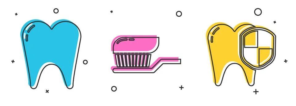 Set Tooth, Toothbrush with toothpaste and Dental protection icon. Vector Stock Illustration