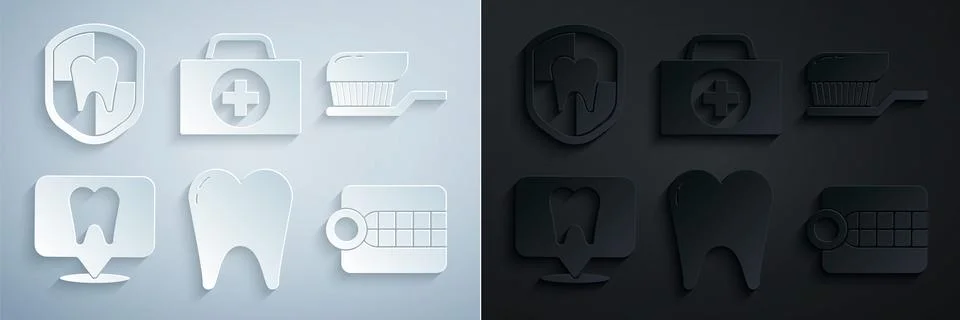 Set Tooth, Toothbrush with toothpaste, Dental clinic location, Dentures model Stock Illustration