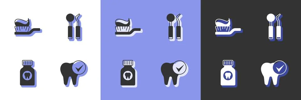 Set Tooth, Toothbrush with toothpaste, Toothache painkiller tablet and Dental Stock Illustration