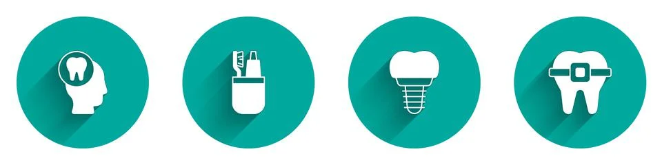 Set Toothache, Toothbrush and toothpaste, Dental implant and Teeth with braces 스톡 일러스트