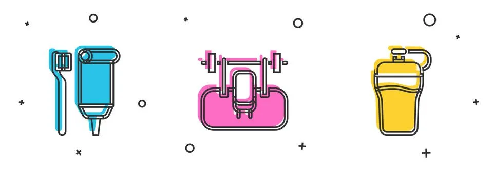Set Toothbrush and toothpaste, Bench with barbel and Fitness shaker icon. Vector 스톡 일러스트