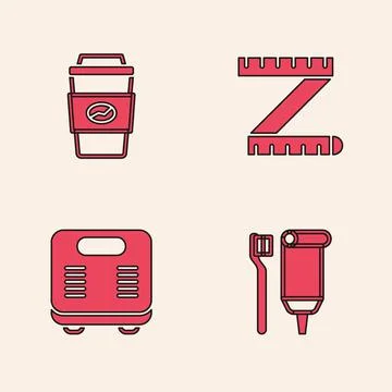 Set Toothbrush and toothpaste, Coffee cup go, Tape measure and Bathroom scales Stock Illustration