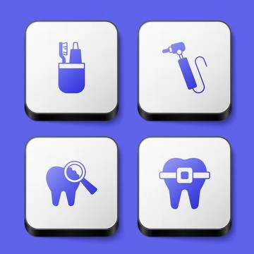Set Toothbrush and toothpaste, drill, Broken and Teeth with braces icon. Whit Stockillustratie