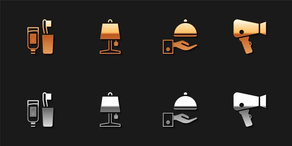 Set Toothbrush and toothpaste, Table lamp, Covered with tray and Hair dryer icon Illustrazione stock