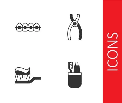 Set Toothbrush and toothpaste, Teeth with braces, and Dental pliers icon. Vector イラスト素材