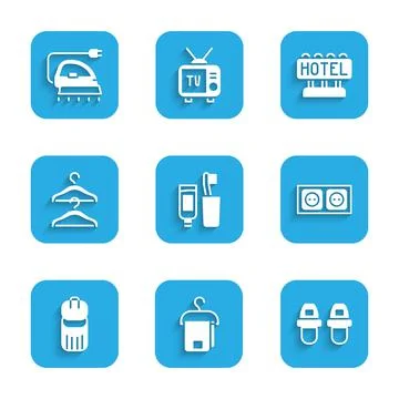 Set Toothbrush and toothpaste, Towel on hanger, Hotel slippers, Electrical Stock Illustration