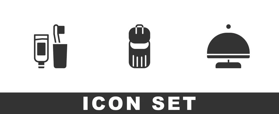 Set Toothbrush and toothpaste, Trash can and Covered with tray icon. Vector Stockillustratie