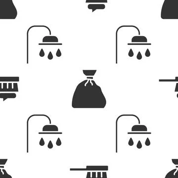 Set Toothbrush with toothpaste, Garbage bag and Shower head on seamless pattern Illustrazione stock