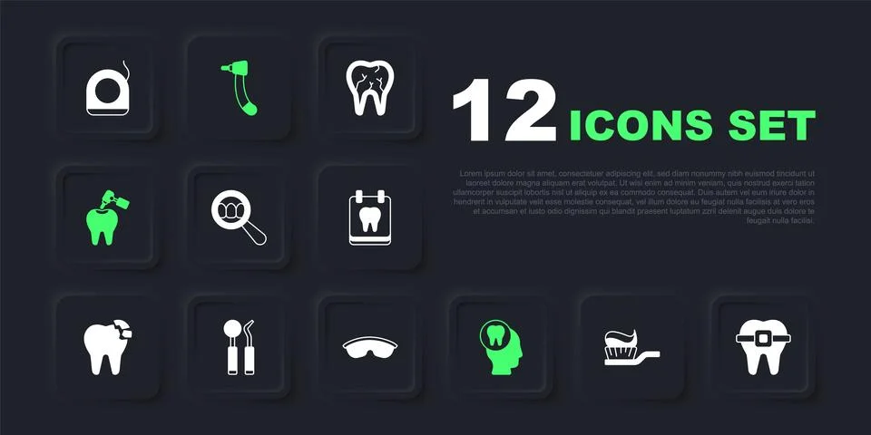 Set Toothbrush with toothpaste, Teeth braces, Dental search, Toothache, car.. Stock Illustration