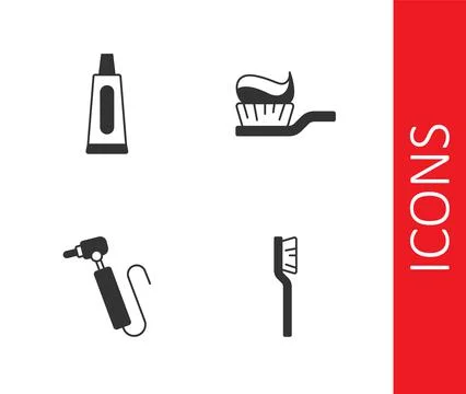Set Toothbrush, Tube of toothpaste, drill and with icon. Vector Stock Illustration