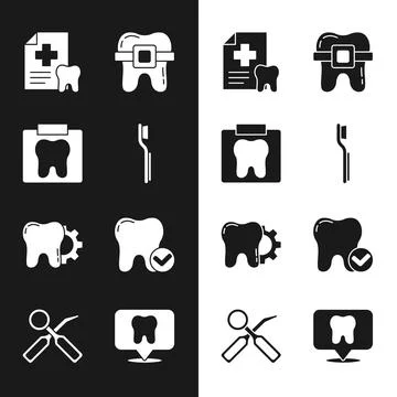 Set Toothbrush, X-ray of tooth, Dental card, Teeth with braces, treatment Stock Illustration