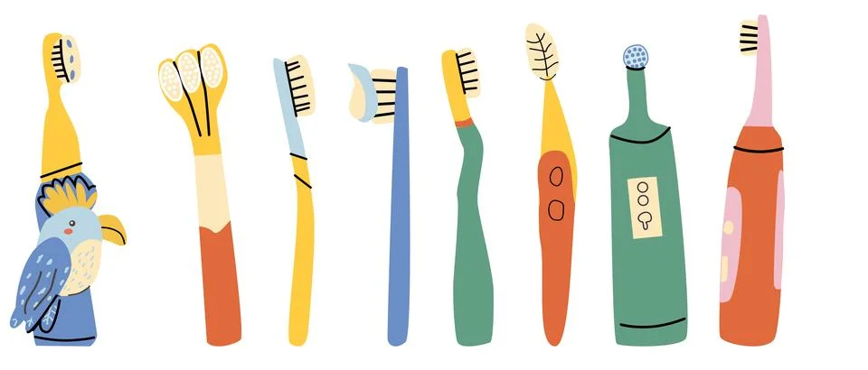 Set of toothbrushes in cartoon flat style. Electric toothbrush, 3D brush and Stock Illustration
