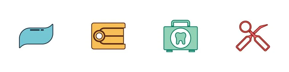 Set Toothpaste, Dentures model, First aid kit and Dental inspection mirror icon Stock Illustration
