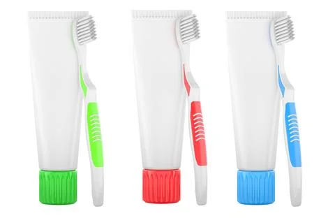 Set of toothpaste tubes with toothbrushes. 3D rendering Stock Illustration