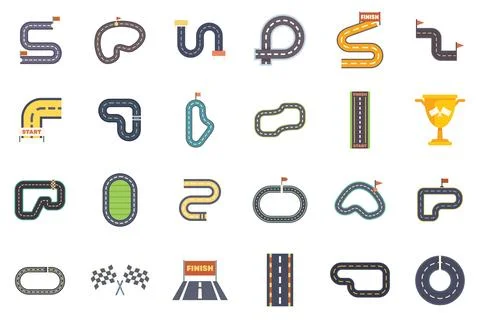Set of top view empty race tracks icons showing different shapes and turns for Stock Illustration