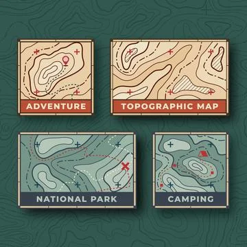 Set of topographic map badges for adventure, camping, and national parks Ilustración de archivo