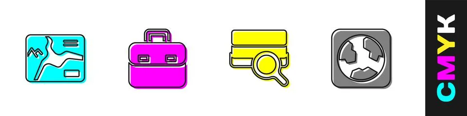 Set Topographic map, Briefcase, Soil analysis and Earth globe icon. Vector Stock Illustration