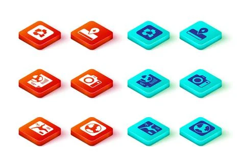 Set Topographic map, Earth globe, with document, Photo camera, Oilfield and.. Stock Illustration