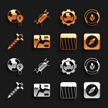 Set Topographic map, Soil analysis, Compass, Ground, Construction jackhammer Stock Illustration