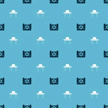 Set Torah scroll and Orthodox jewish hat on seamless pattern. Vector Stock Illustration