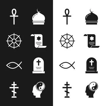 Set Torah scroll, Dharma wheel, Cross ankh, Muslim Mosque, Christian fish Stock Illustration