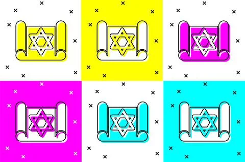 Set Torah scroll icon isolated on color background. Jewish Torah in expanded Illustrazione stock
