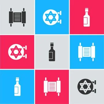 Set Torah scroll, Jewish synagogue and wine bottle icon. Vector Illustrazione stock