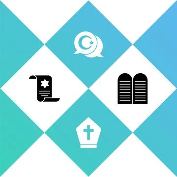 Set Torah scroll, Pope hat, Star and crescent and The commandments icon. Vector Illustrazione stock
