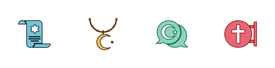 Set Torah scroll, Star and crescent on chain,  and Christian cross icon. Vect Stock Illustration