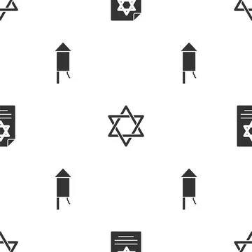 Set Torah scroll, Star of David and Firework rocket on seamless pattern. Vector Stock Illustration
