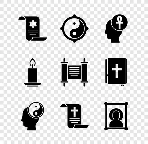 Set Torah scroll, Yin Yang, Cross ankh, Decree, paper, parchment,, Christian Stock Illustration