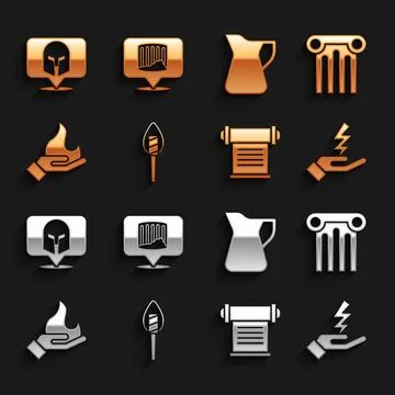 Set Torch flame, Ancient column, Zeus, Decree, parchment, scroll, Hand hold.. Illustrazione stock